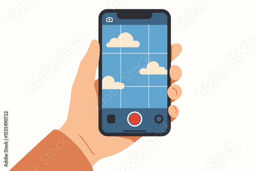 Hand holding smartphone taking photo or recording video of the blue sky with clouds. Mobile photography concept with camera app interface for social media content creation.