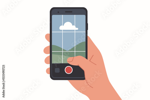 Hand holding smartphone taking a photo of a landscape. Mobile photography and videography concept. Capturing moments for travel blog or social media. Phone camera app with grid.