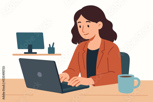 Young woman freelancer working on laptop computer at her desk in home office. Business professional or student character. Remote work, e-learning, career concept. Flat vector illustration.