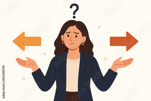 Confused businesswoman making a difficult choice between two directions. Doubtful person at a crossroad with a question mark. Concept of dilemma, indecision, and business strategy.
