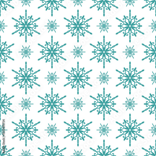 Snowflakes seamless pattern, detailed hand drawn vector line illustration. Graphic outline doodle drawing. Christmas and New Year background for frosty winter design, gift wrapping, packaging, textile