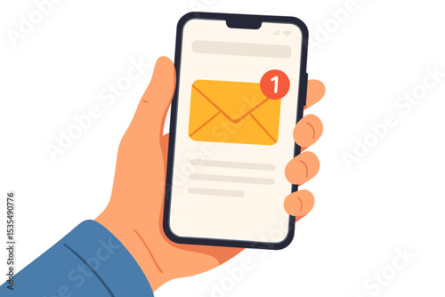 Hand holding smartphone with new message notification. Unread email in mobile inbox. Screen with envelope icon and red counter alert. Digital communication online concept vector.