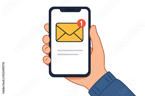 Hand holding smartphone with new email notification on screen. Unread message icon with alert counter. Concept of digital communication, mobile app interface, receiving mail, inbox.