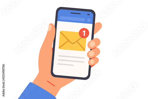 Email notification alert on mobile phone. Hand holding smartphone with one new unread message in the inbox. App interface for communication or newsletter. Flat vector illustration.