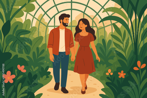 Happy couple in love holding hands on a romantic date. Man and woman walking in a botanical garden, greenhouse, or park. Relationship and togetherness concept. Vector illustration.