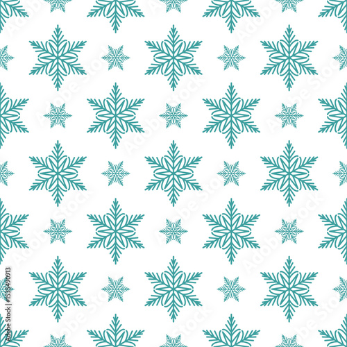 Snowflakes seamless pattern, detailed hand drawn vector line illustration. Graphic outline doodle drawing. Christmas and New Year background for frosty winter design, gift wrapping, packaging, textile