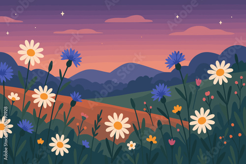 Dreamy wildflower meadow landscape at twilight, daisies and cornflowers in lush field, starry sunset sky, rolling hills, peaceful nature scene, summer countryside, whimsical floral illustration