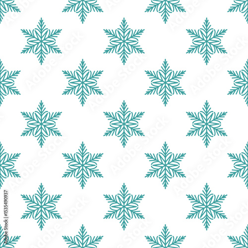 Snowflakes seamless pattern, detailed hand drawn vector line illustration. Graphic outline doodle drawing. Christmas and New Year background for frosty winter design, gift wrapping, packaging, textile