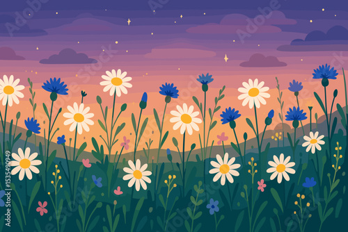 Twilight wildflower meadow landscape with daisies, cornflowers, and rolling hills. Sunset floral field illustration. Vibrant evening sky, glowing stars, whimsical nature scene, serene countryside.