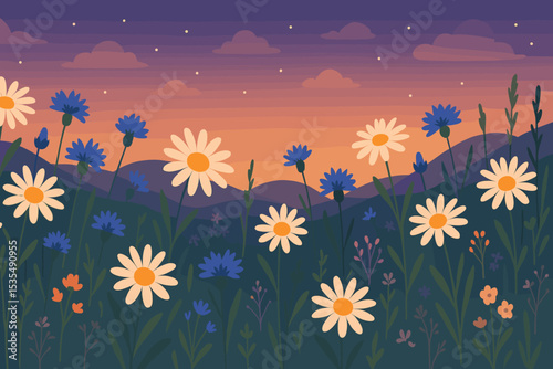 Dreamy twilight wildflower meadow panorama with daisies, cornflowers, mountains, starry sky, sunset clouds, tranquil blooming floral landscape, peaceful nature vector illustration