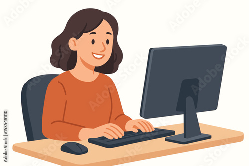 Office worker at desk using computer. Female employee typing keyboard, sitting at workstation, businesswoman in office chair, modern workplace, digital communication, corporate work environment