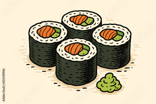 Hand Drawn Sushi Maki Rolls with Salmon and Avocado. Japanese Cuisine Illustration. Cute Cartoon Vector with Wasabi. Traditional Asian Food, Seafood Snack, Restaurant Menu, Fresh Ingredients