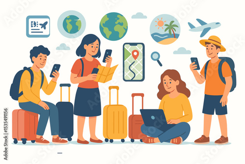 Group Travel Planning Illustration. People with Luggage Using Smartphone, Laptop, Map, GPS Navigation. Modern Digital Trip Organization, Adventure Preparation, Booking Tickets, Vacation Concept Vector
