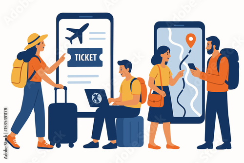 Modern travelers planning trip online. Digital travel booking, airfare ticket reservation, navigation app, luggage, map location. Mobile technology, tourism, vacation preparation, group adventure