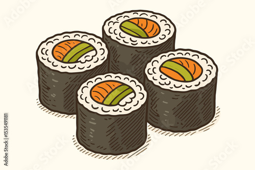 Hand Drawn Sushi Maki Rolls Vector Illustration. Japanese Cuisine Seafood Rice Nori Art. Traditional Asian Food. Salmon and Avocado. Restaurant Menu Design. Colorful Retro Vintage Sketch Style