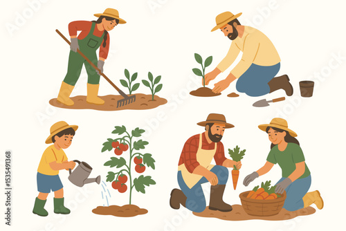 Family Gardening and Harvesting Vegetables. People Planting, Watering, Digging, Raking, Picking Carrots and Tomatoes. Farming, Agriculture, Outdoor Activity. Healthy Lifestyle, Farm Work, Garden Tools