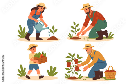 Family gardening and harvesting vegetables on farm. Man planting seedling, woman watering plant, boy carrying harvest basket, senior picking red peppers. Agriculture, teamwork, healthy lifestyle