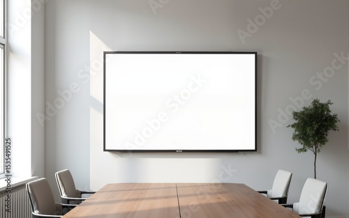 Minimalistic conference room interior with blank board for content. High quality