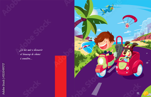 A fiery young explorer discovering new treasures with his faithful dog friend on the motorcycle