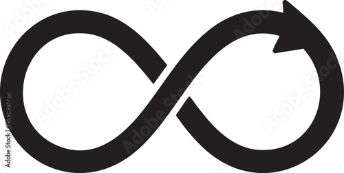 Black Infinity Symbol with Arrowhead Representing Continuous Process Loop or Endless Cycle on a White Background