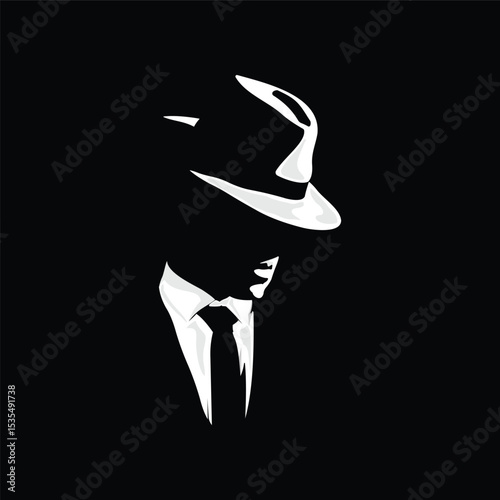 vector silhouette of business man in hat and suit isolated black background