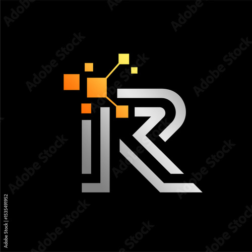 R digital vector logo design with digital dot particle circuit technology shape.