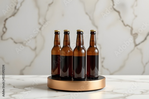 Brown Beer Bottles on Rotating Display: Four amber glass beer bottles with crown caps stand on a modern copper rotating display against a marble backdrop.  A minimalist image ideal for brewing. photo