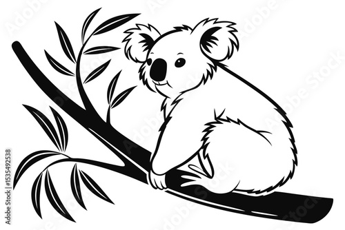 Black and white illustration of a cute koala bear sitting on a branch