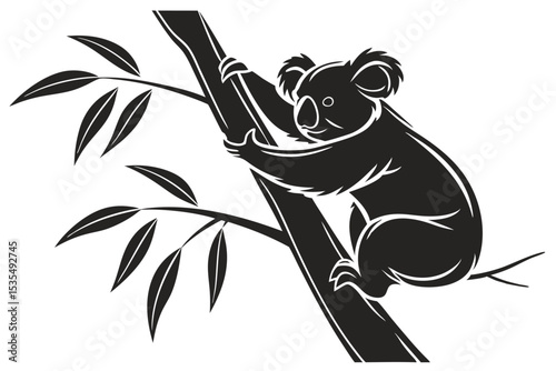Black and white illustration of an adorable koala bear climbing on a tree branch.