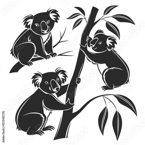 Black and white illustration of adorable koalas climbing and relaxing on a tree branch