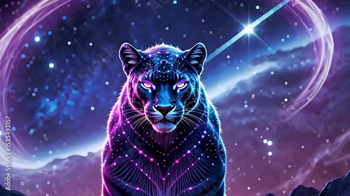 Glowing digital panther with neon elements in starry galaxy background and cosmic surreal fantasy environment