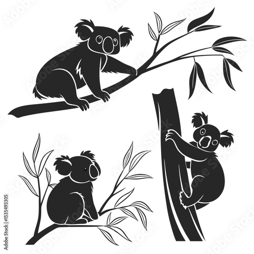 Black silhouette illustration featuring three koalas climbing and resting on branches with leaves