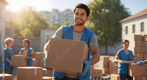 Smiling volunteer carries a cardboard box during a community aid effort outdoors.