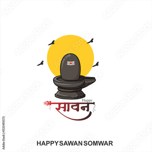 Happy Sawan Somvar Lord Shiva, depicted in a stylized, graphic art style. Shiva's face is blue, with a third eye on his forehead and a crescent moon on his head. 