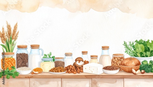 Vegan substitution options concept. A colorful display of jars and ingredients on a wooden countertop.