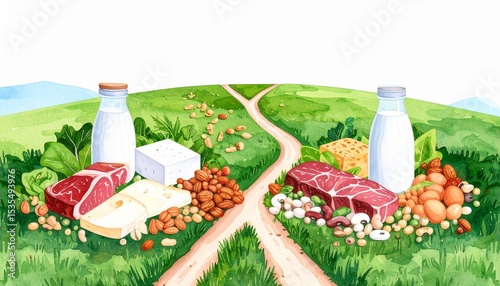 Vegan substitution options concept. A divide between dairy and meat on a lush green landscape.