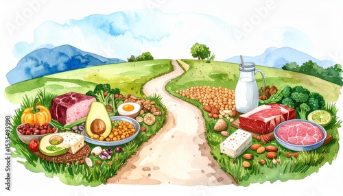 Vegan substitution options concept. Illustration of food choices along a scenic path in nature.