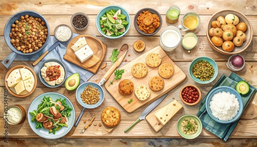 Vegan substitution options concept. Vibrant spread of diverse dishes on a rustic wooden table.