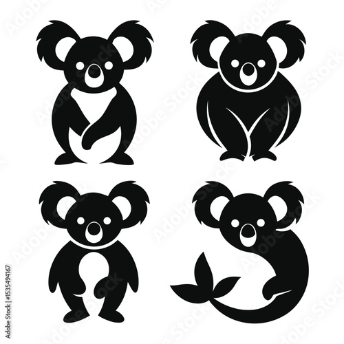 Set of black and white koala bear silhouettes representing australian wildlife and animals