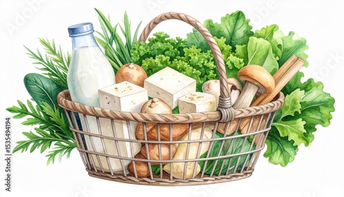 Vegan substitution options concept. A basket filled with fresh produce and dairy items.