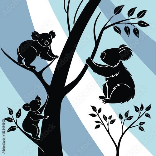 Silhouette illustration depicting australian koalas climbing and resting on tree branches