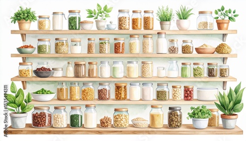 Vegan substitution options concept. Organized shelves with jars and plants for natural storage solutions.