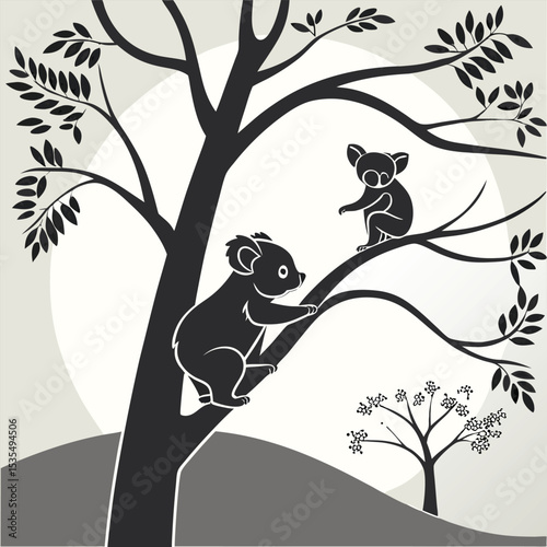 Silhouette illustration of two koalas in a tree with simple nature background design