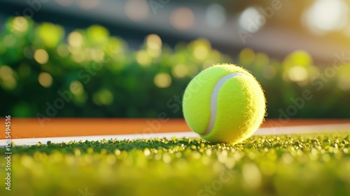Yellow tennis ball resting on baseline of clay court, illuminated by warm glow of sunset, copy space