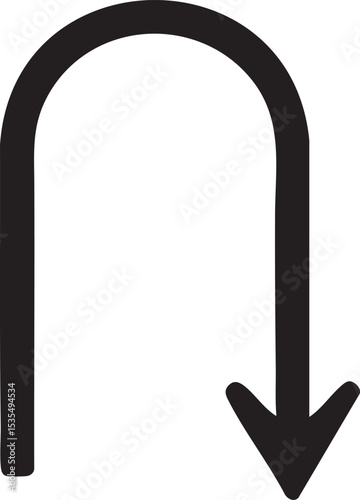 Simple Black U Turn Arrow Pointing Downward on a White Background Indicating Direction Change or Reversal