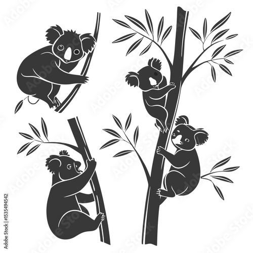 Silhouette illustrations of adorable koalas climbing trees with leafy branches in vector style