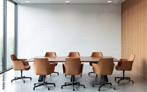 Modern conference room interior with wooden chairs and table near large windows, blank wall on side, ideal for business design mockup or presentation. High quality