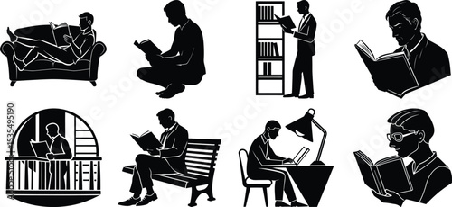 Men Reading and Studying Silhouettes: Learning, Relaxation, and Intellectual Pursuits Vector Set