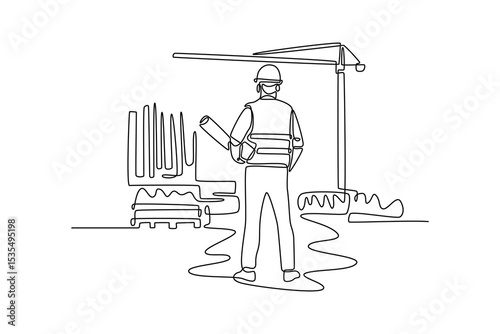  Construction concept. Single line draw design. Vector graphic illustration