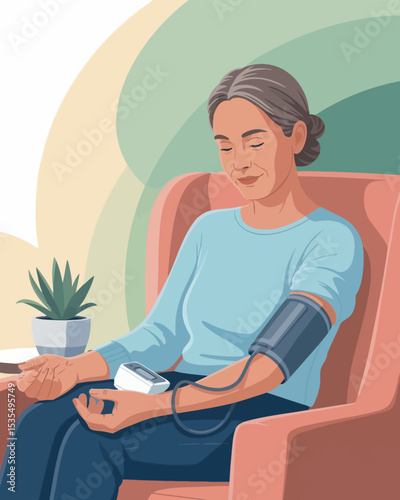Senior Woman Blood Pressure Monitor Health Check Medical Device